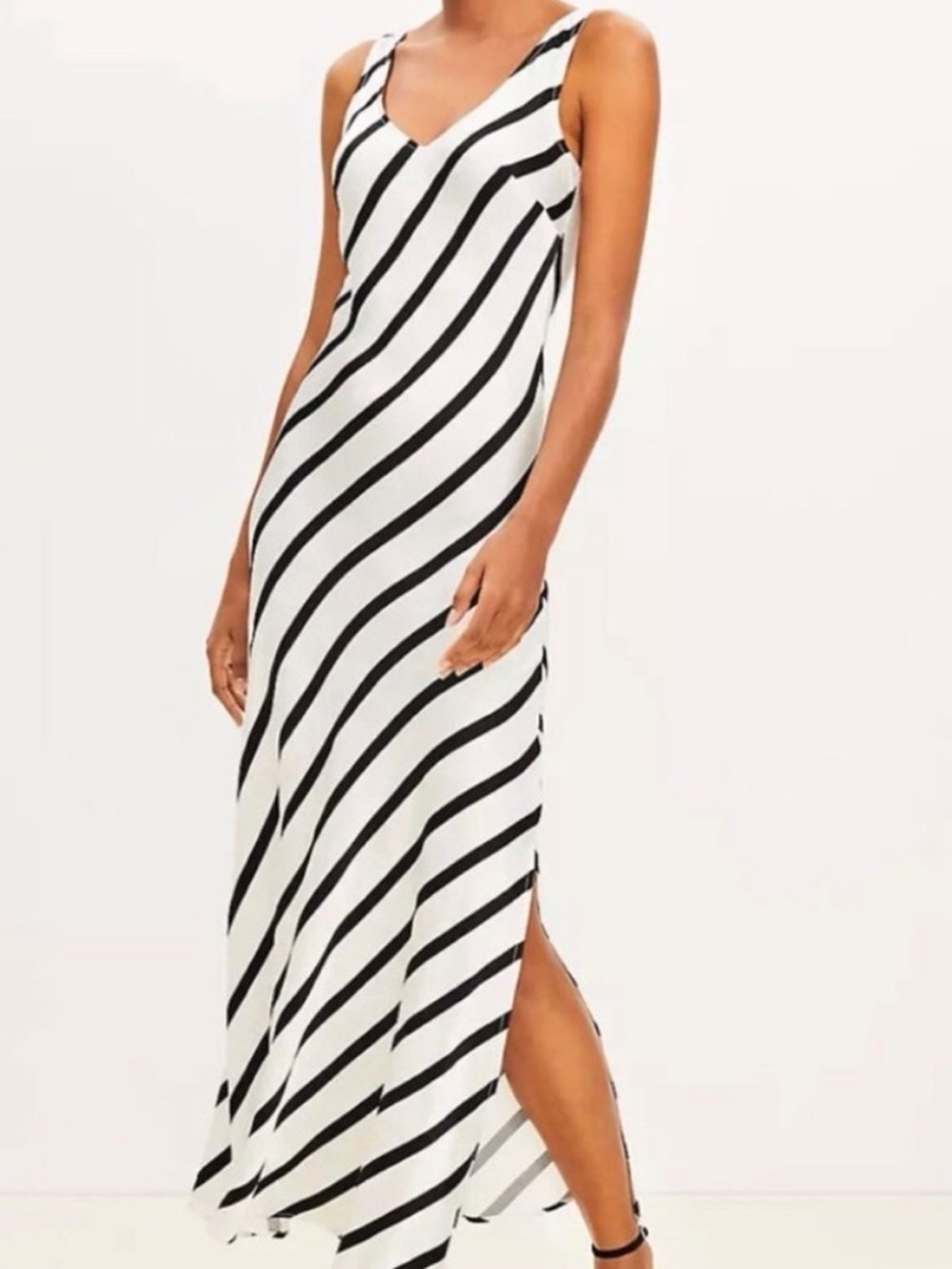 LOFT Black and White Diagonal Striped Slip Dress with Slit - Size 6